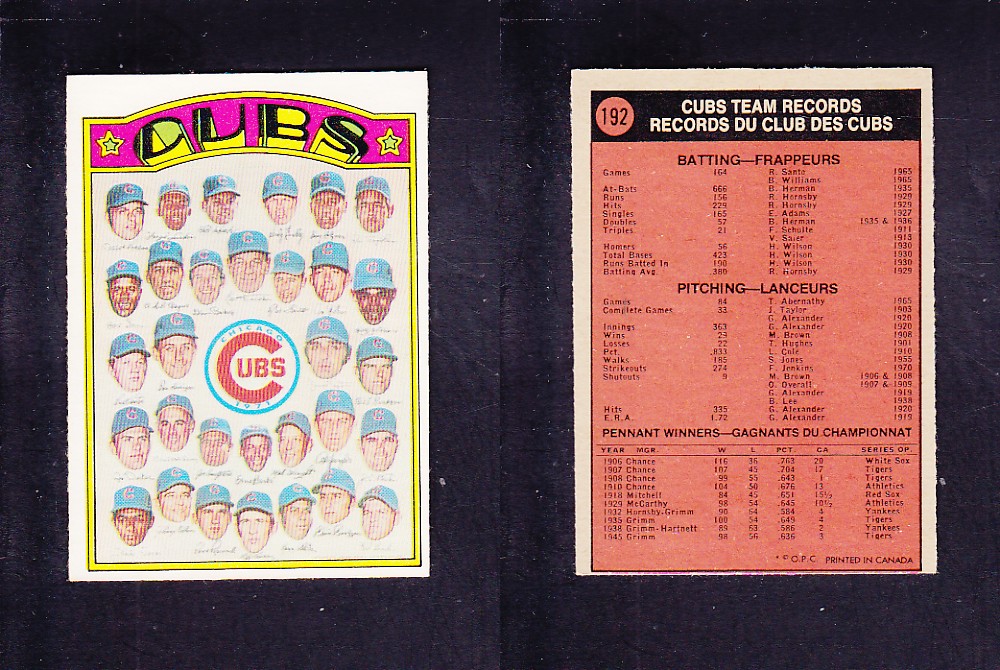 1972 O-PEE-CHEE BASEBALL CARD #192 CUBS TEAM photo 1972 O-PEE-CHEE BASEBALL CARD #192 CUBS TEAM photo
