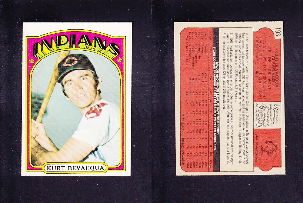 1972 O-PEE-CHEE BASEBALL CARD #193 K. BEVACQUA photo 1972 O-PEE-CHEE BASEBALL CARD #193 K. BEVACQUA photo