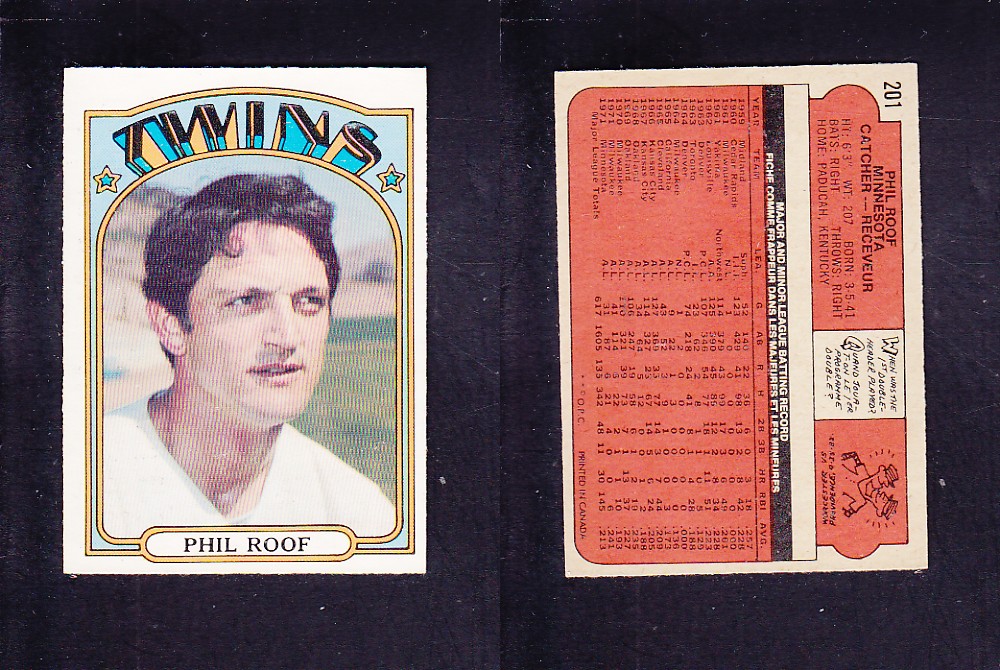 1972 O-PEE-CHEE BASEBALL CARD #201 P. ROOF photo 1972 O-PEE-CHEE BASEBALL CARD #201 P. ROOF photo