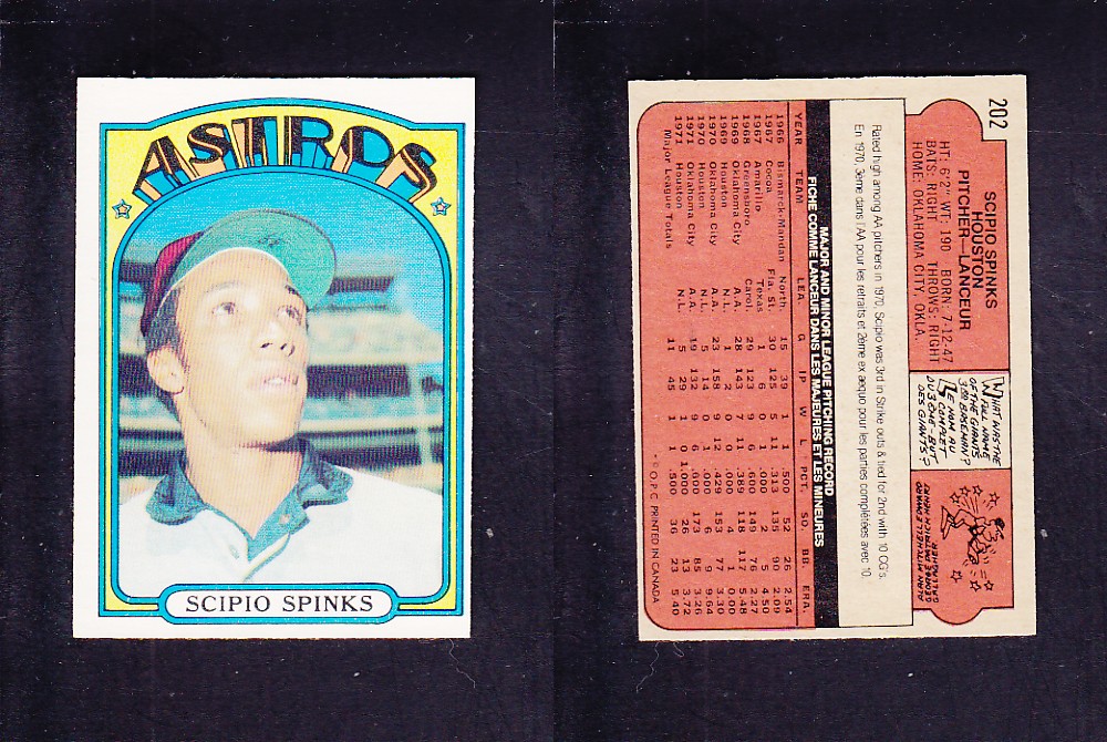 1972 O-PEE-CHEE BASEBALL CARD #202 S. SPINKS photo 1972 O-PEE-CHEE BASEBALL CARD #202 S. SPINKS photo