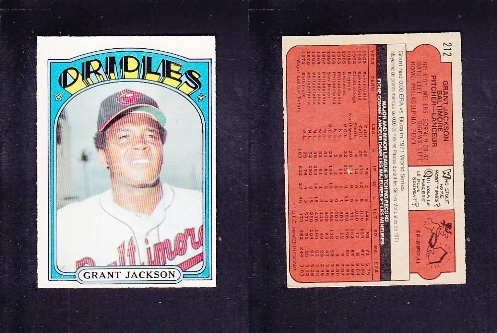1972 O-PEE-CHEE BASEBALL CARD #212 G. JACKSON photo 1972 O-PEE-CHEE BASEBALL CARD #212 G. JACKSON photo