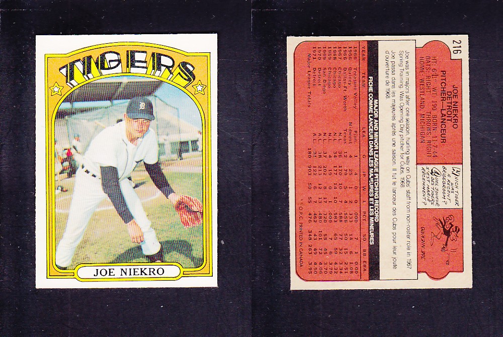 1972 O-PEE-CHEE BASEBALL CARD #216 J. NIEKRO photo 1972 O-PEE-CHEE BASEBALL CARD #216 J. NIEKRO photo