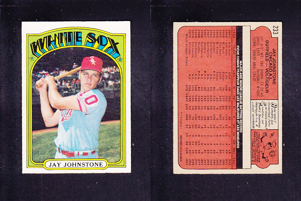 1972 O-PEE-CHEE BASEBALL CARD #233 J. JOHNSTONE photo 1972 O-PEE-CHEE BASEBALL CARD #233 J. JOHNSTONE photo