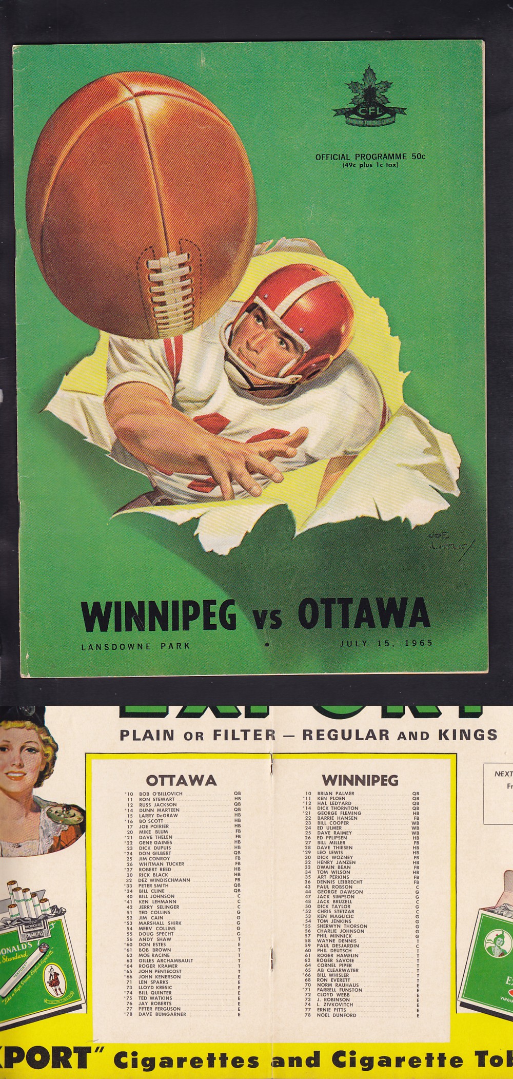 1965 CFL OTTAWA ROUGHRIDERS VS WINNIPEG BLUEBOMBERS PROGRAM photo