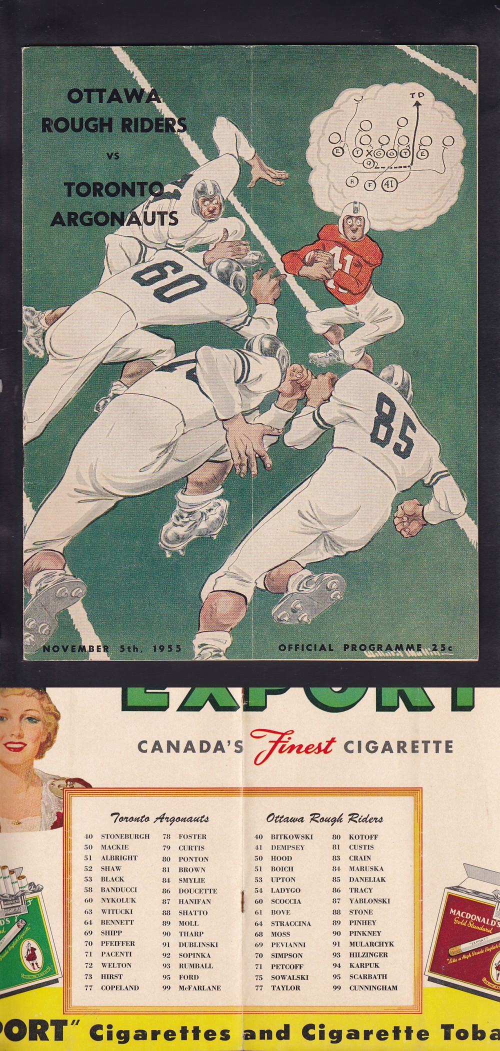 1955 CFL OTTAWA ROUGH RIDERS VS TORONTO ARGONAUTS PROGRAM photo