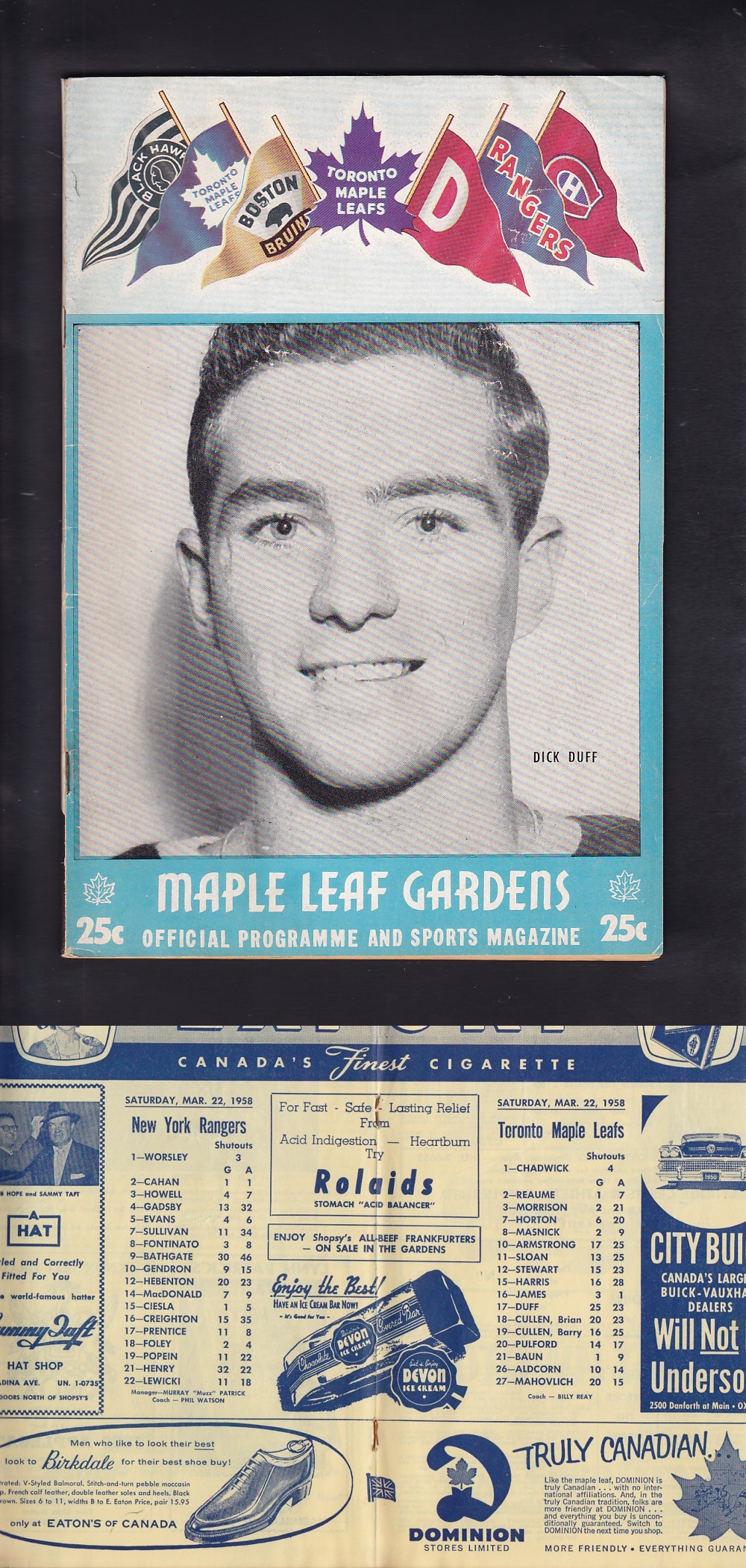 1958 TORONTO MAPLE LEAFS VS NY RANGERS PROGRAM photo