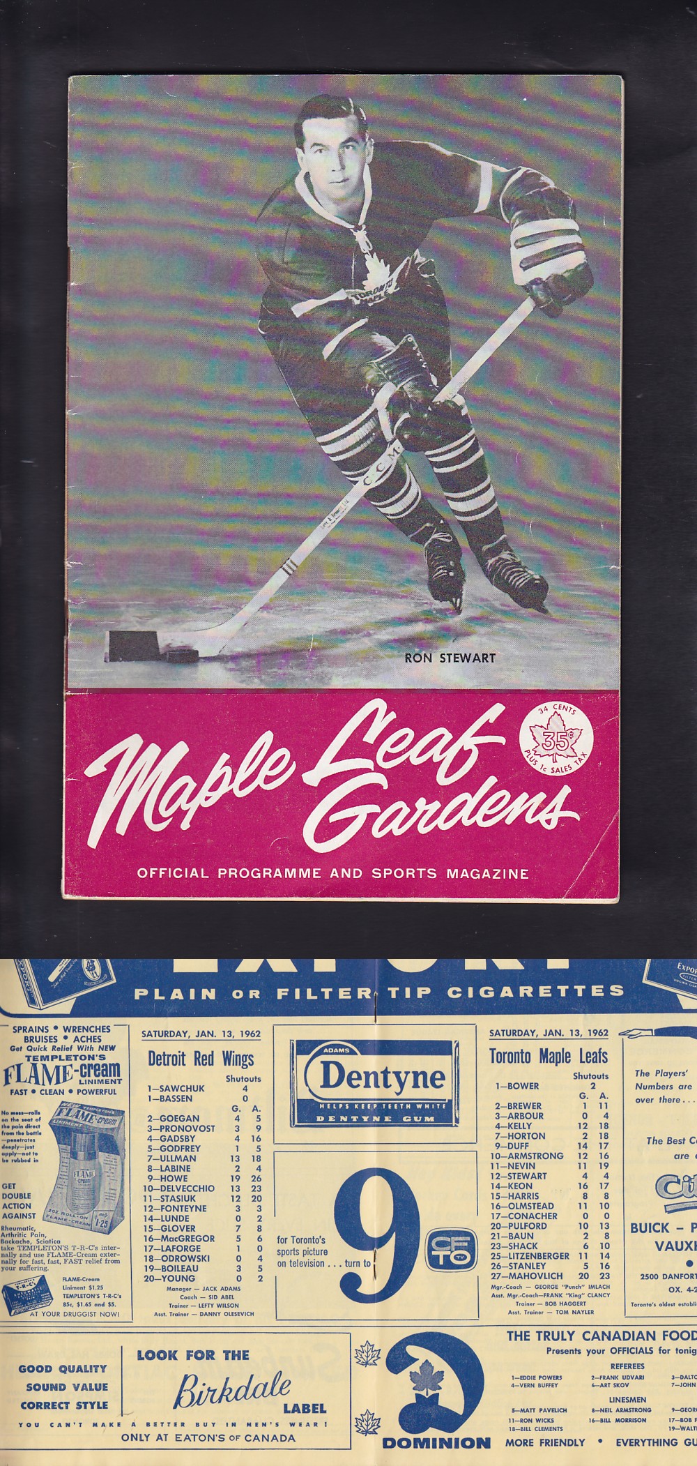 1962 TORONTO MAPLE LEAFS VS DETROIT RED WINGS PROGRAM photo