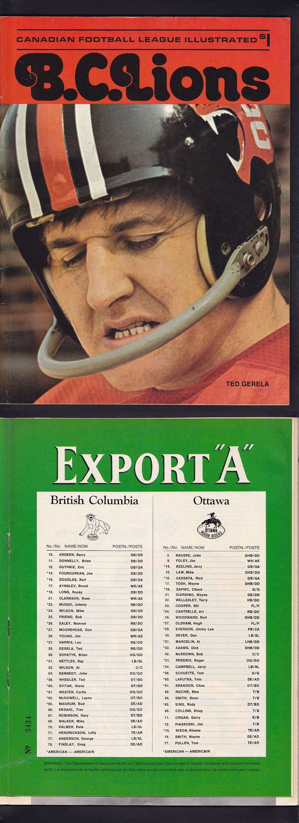 1973 CFL OTTAWA ROUGH RIDERS VS B.C. LIONS PROGRAM photo