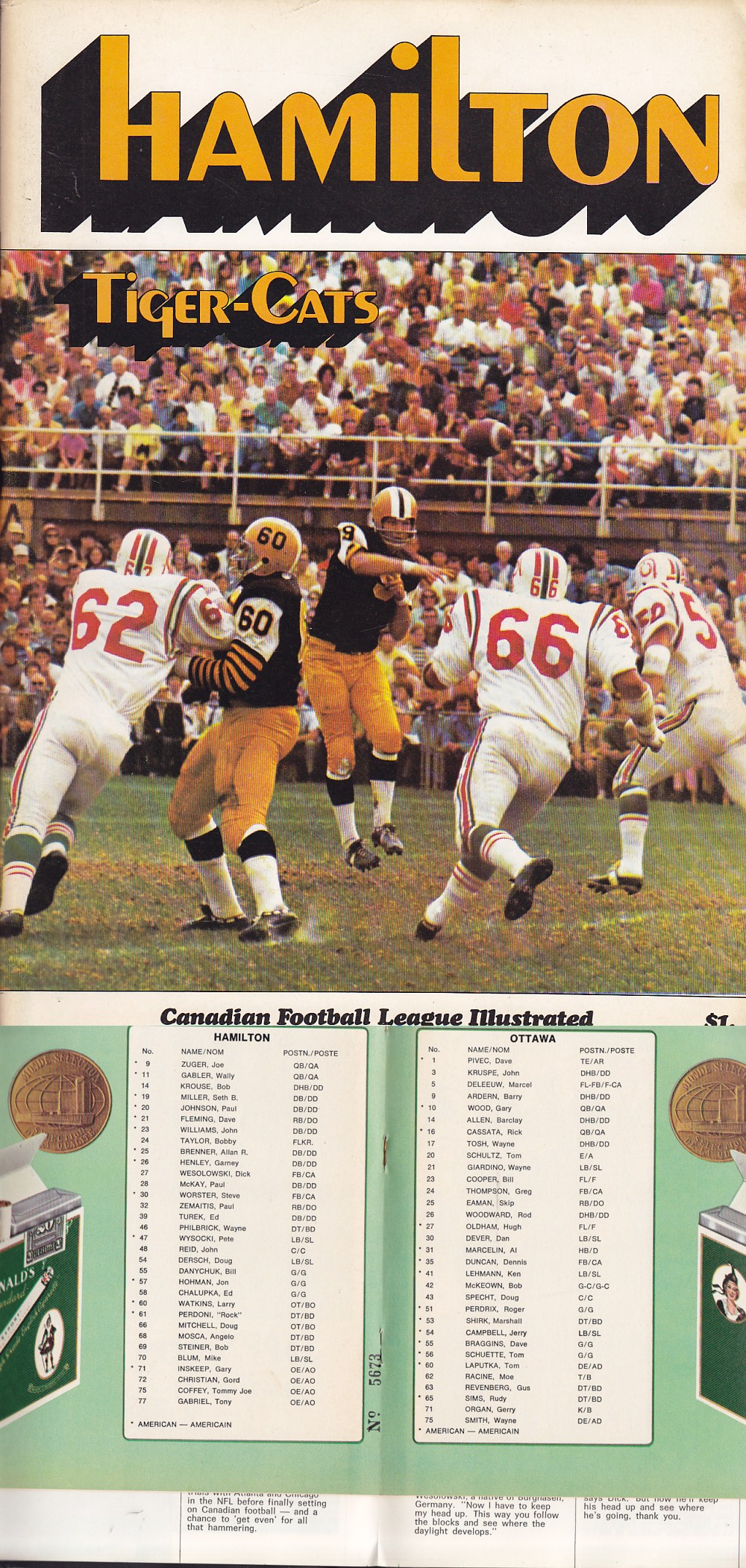 1971 CFL OTTAWA ROUGH RIDERS VS HAMILTON TIGER-CATS PROGRAM photo