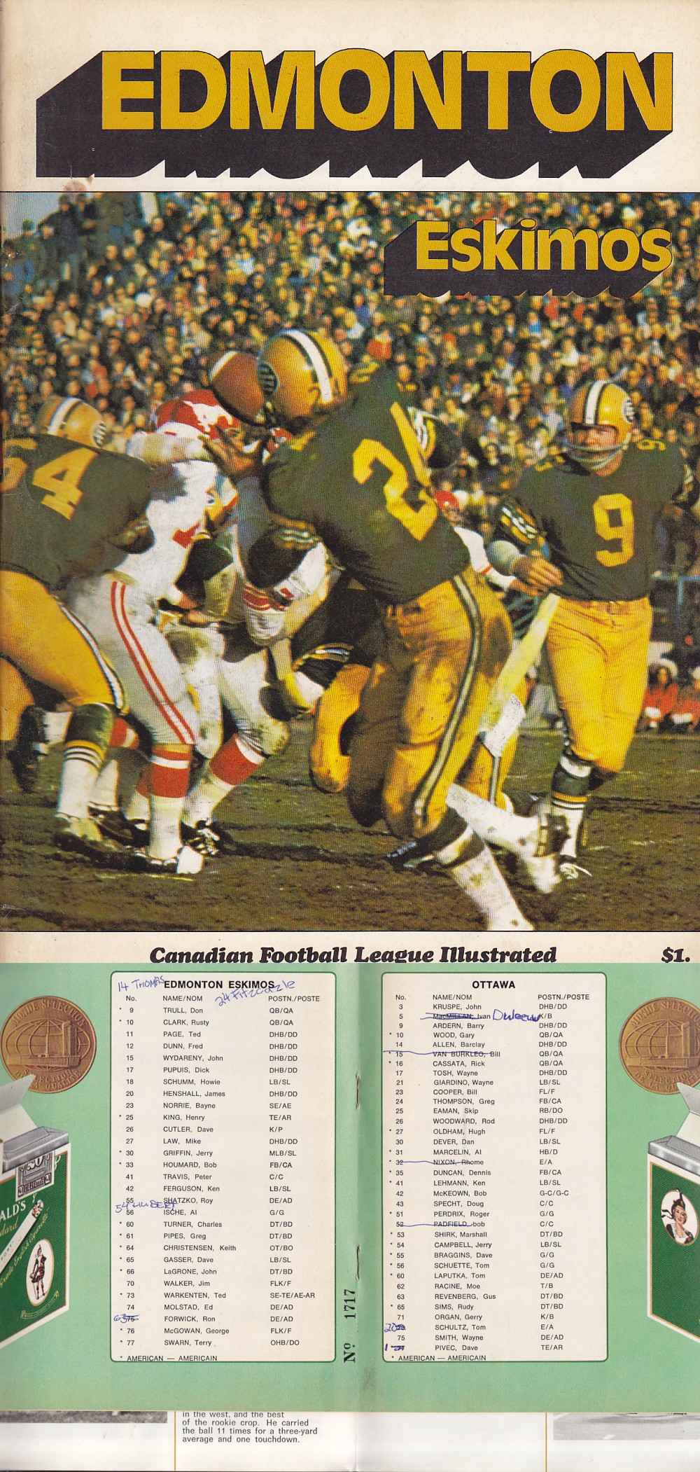 1971 CFL OTTAWA ROUGH RIDERS VS EDMONTON ESKIMOS PROGRAM photo