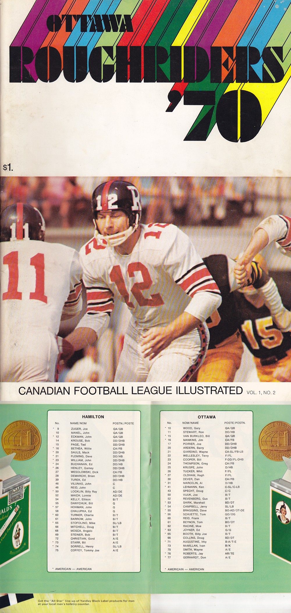 1970 CFL OTTAWA ROUGH RIDERS VS HAMILTON TIGER-CATS PROGRAM photo