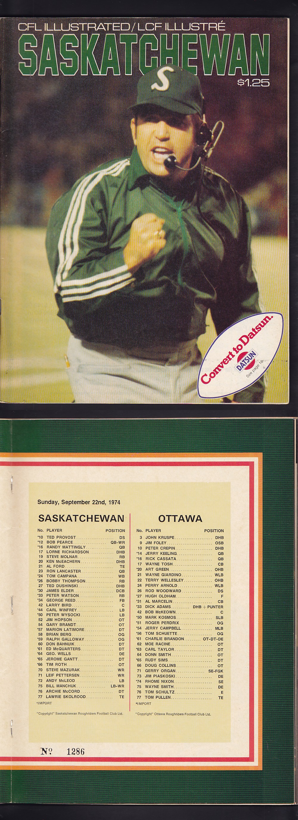 1974 CFL OTTAWA ROUGH RIDERS VS SASKATCHEWAN ROUGHRIDERS PROGRAM photo