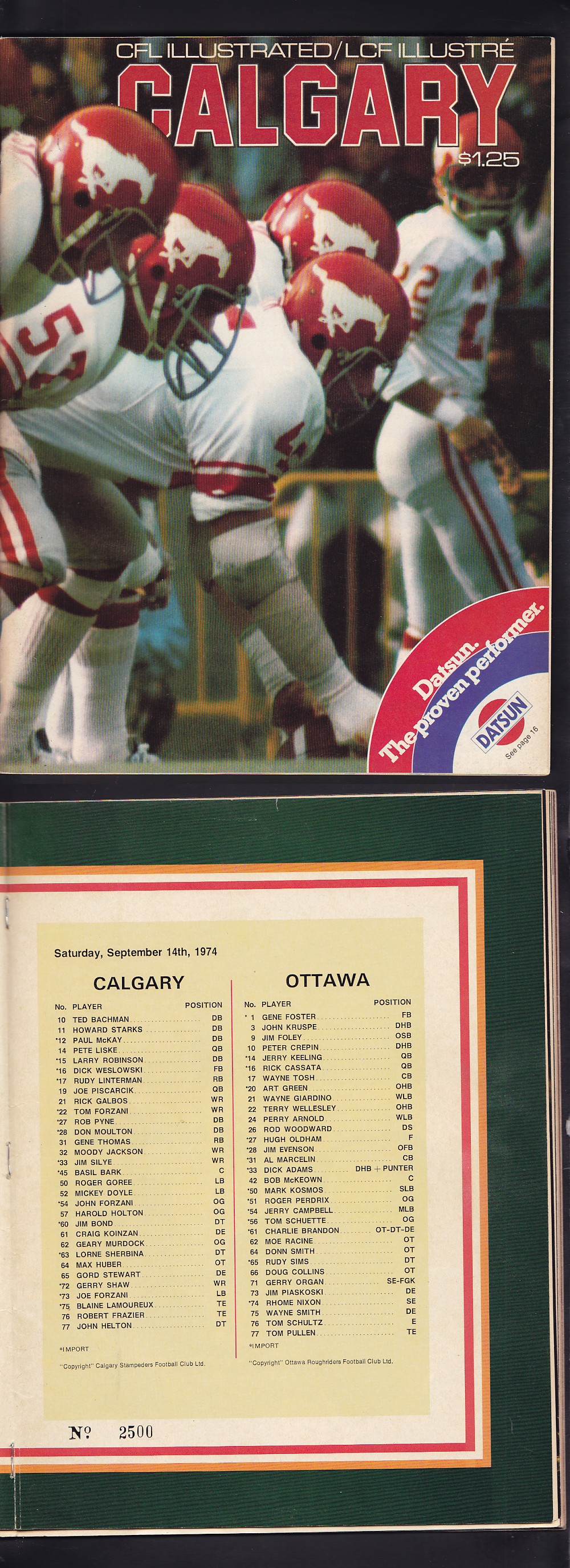 1974 CFL OTTAWA ROUGH RIDERS VS CALGARY STAMPEDERS PROGRAM photo