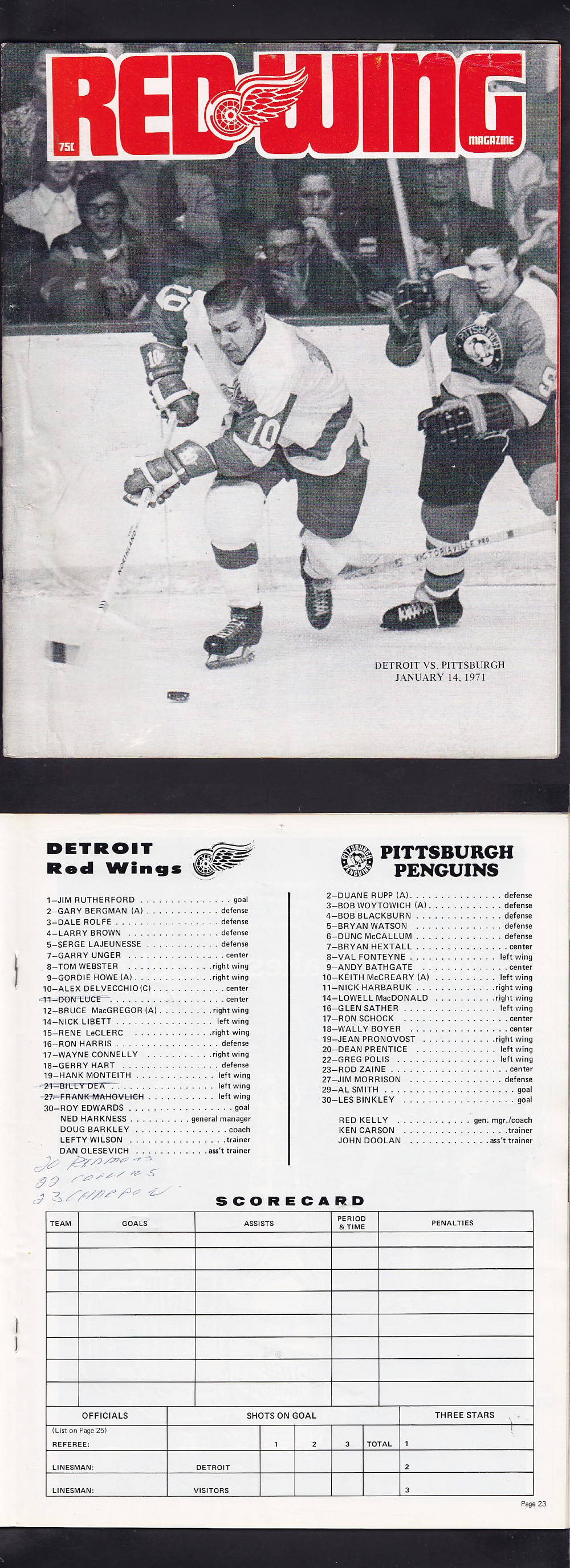 1971 DETROIT RED WINGS VS PITTSBURGH PENGUINS PROGRAM photo 1971 DETROIT RED WINGS VS PITTSBURGH PENGUINS PROGRAM photo