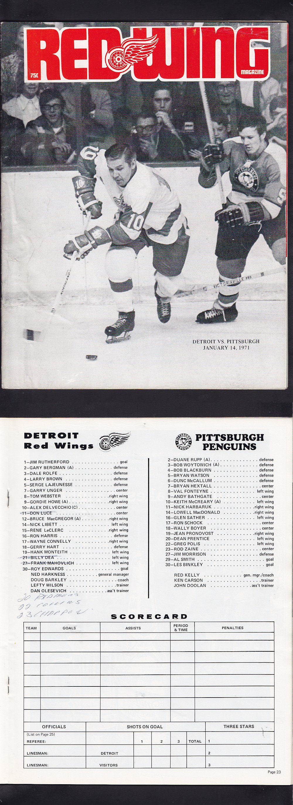 1971 DETROIT RED WINGS VS PITTSBURGH PENGUINS PROGRAM photo