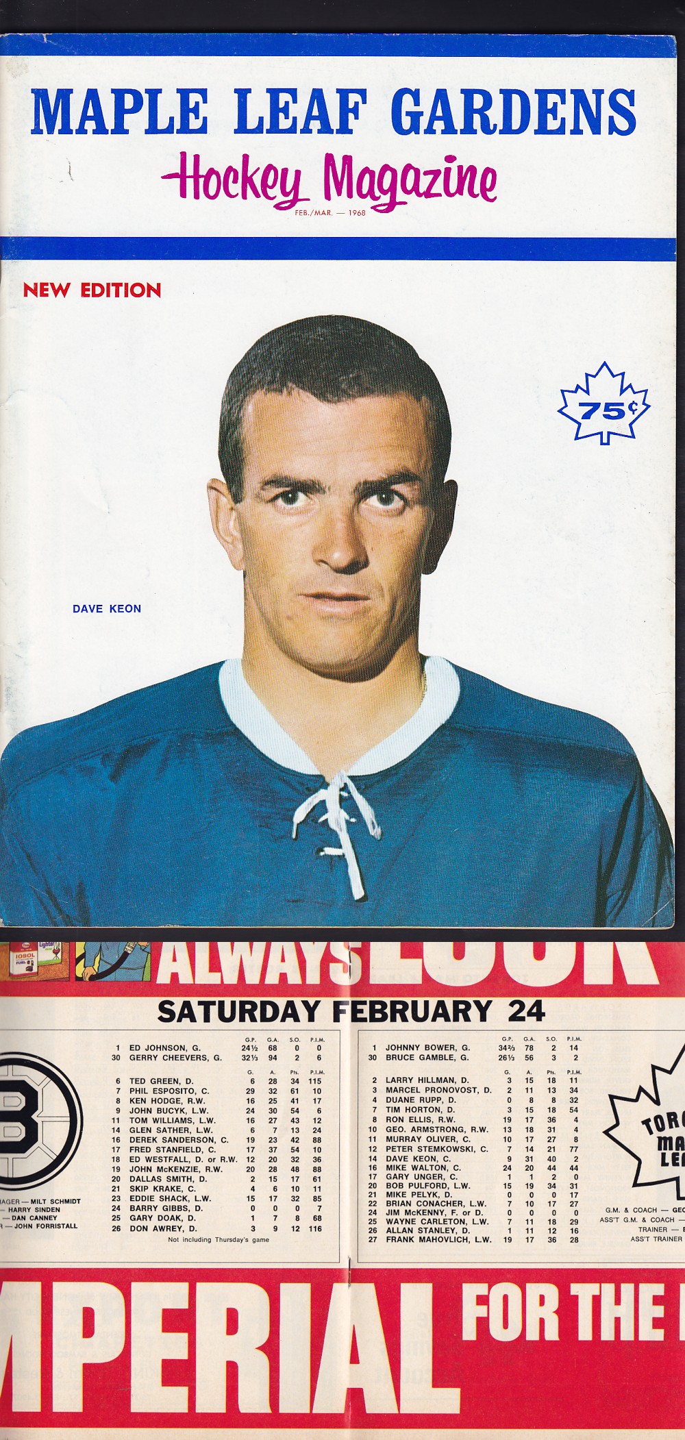 1968 TORONTO MAPLE LEAFS VS BOSTON BRUINS PROGRAM photo