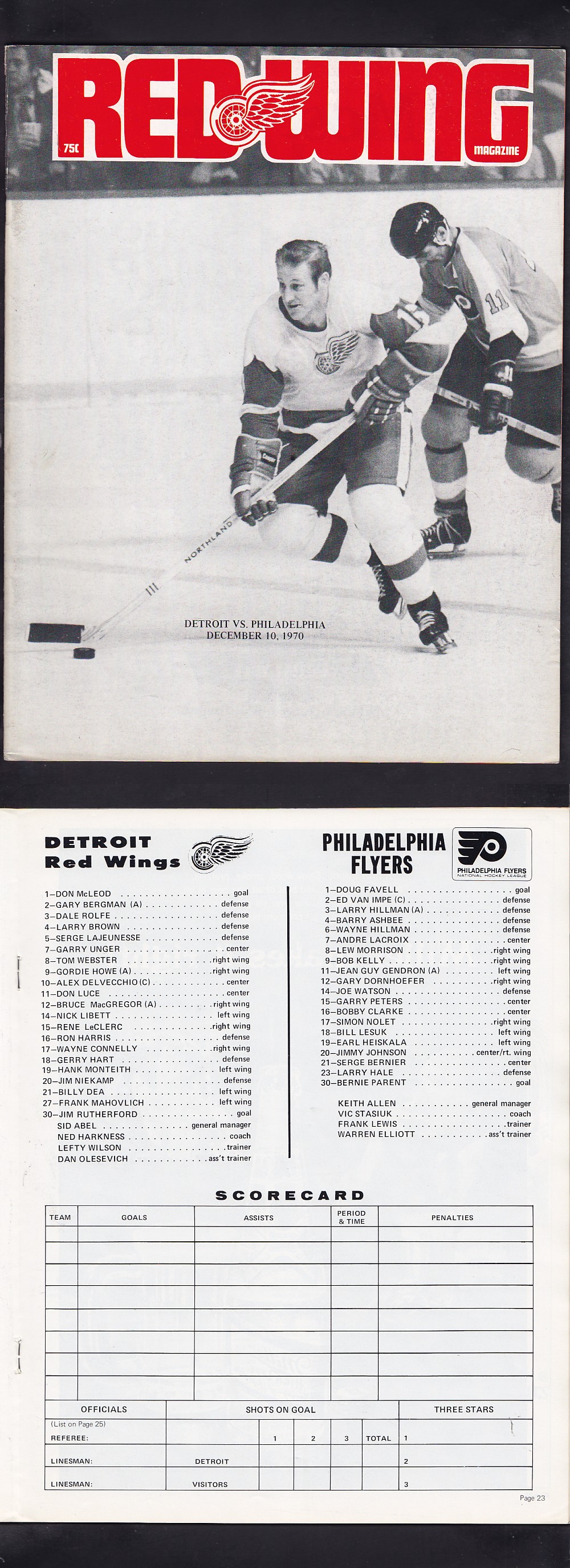 1970 DETROIT RED WINGS VS PHILADELPHIA FLYERS PROGRAM photo