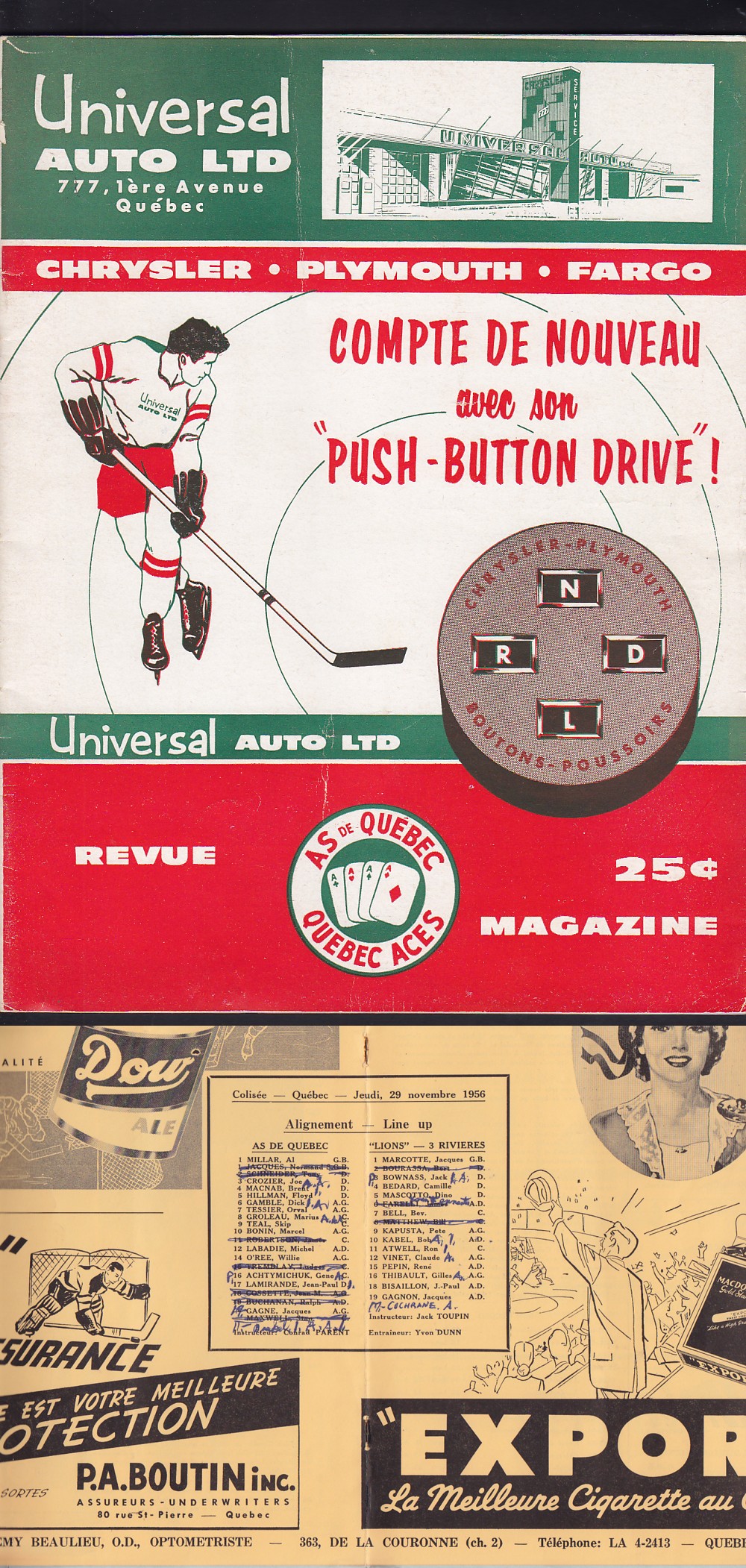 1956 QUEBEC ACES VS TROIS RIVIERES LIONS PROGRAM photo