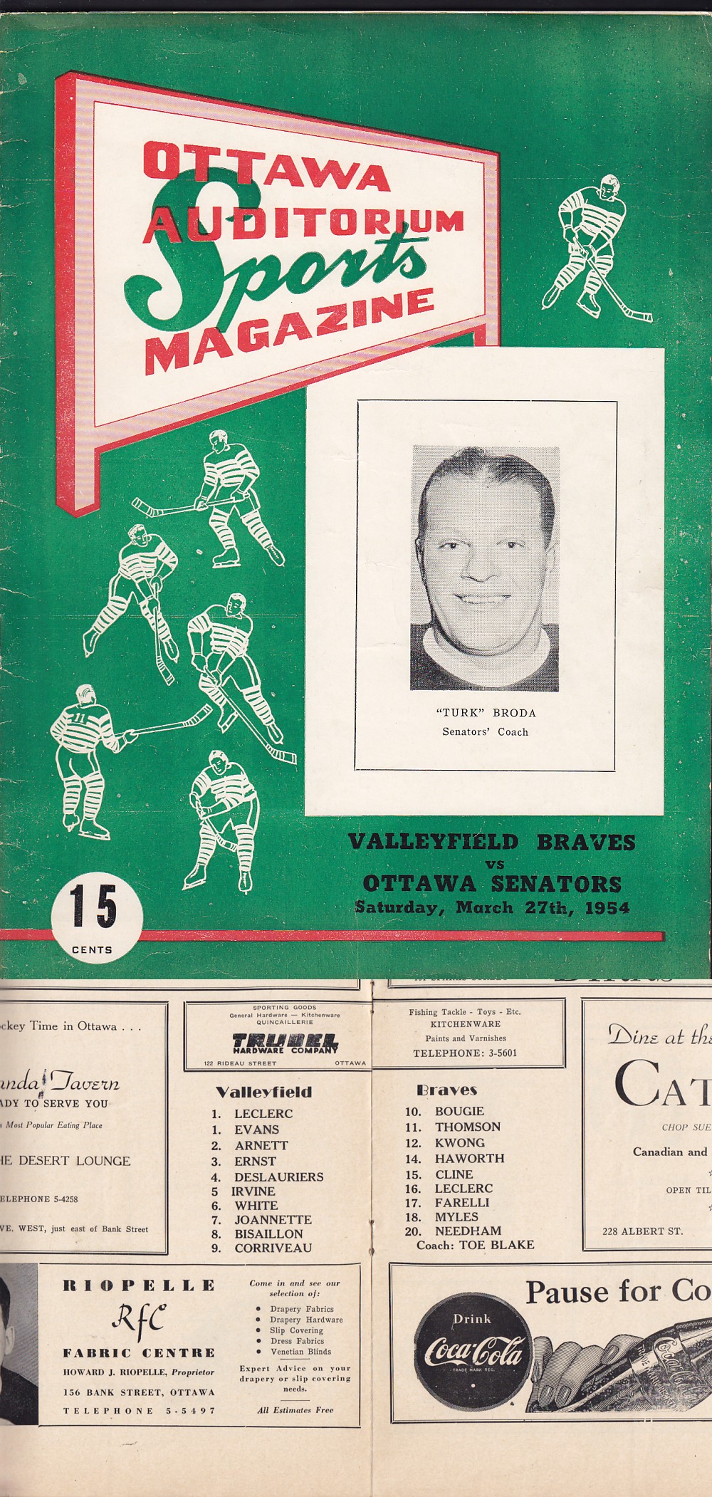 1953 OTTAWA SENATORS VS VALLEYFIELD BRAVES PROGRAM photo