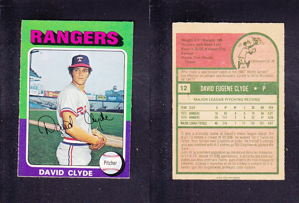 1975 O-PEE-CHEE BASEBALL CARD #12 D. CLYDE photo