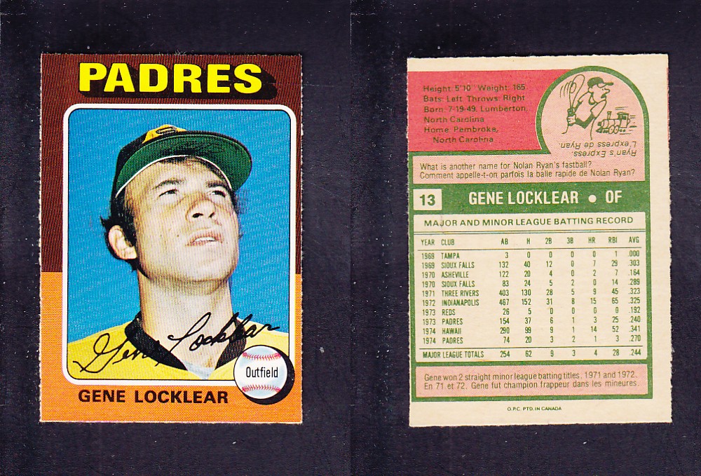 1975 O-PEE-CHEE BASEBALL CARD #13 G. LOCKLEAR photo 1975 O-PEE-CHEE BASEBALL CARD #13 G. LOCKLEAR photo