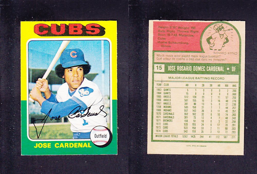 1975 O-PEE-CHEE BASEBALL CARD #15 J. CARDENAL photo 1975 O-PEE-CHEE BASEBALL CARD #15 J. CARDENAL photo