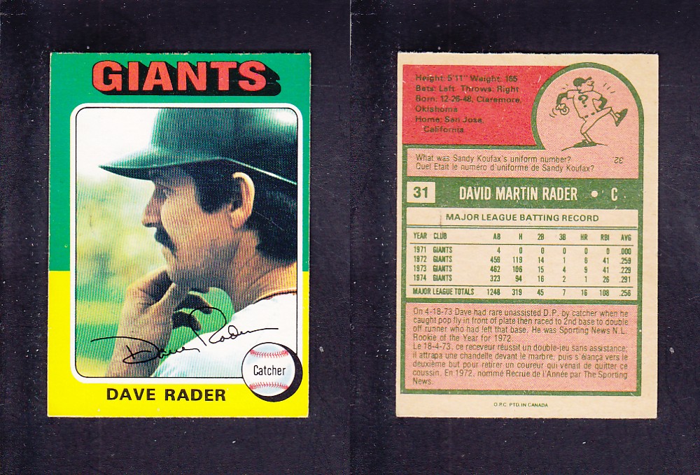 1975 O-PEE-CHEE BASEBALL CARD #31 D. RADER photo 1975 O-PEE-CHEE BASEBALL CARD #31 D. RADER photo