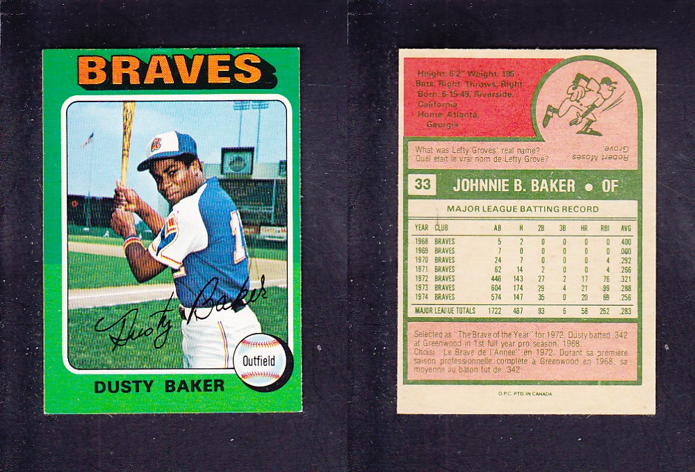 1975 O-PEE-CHEE BASEBALL CARD #33 D. BAKER photo 1975 O-PEE-CHEE BASEBALL CARD #33 D. BAKER photo