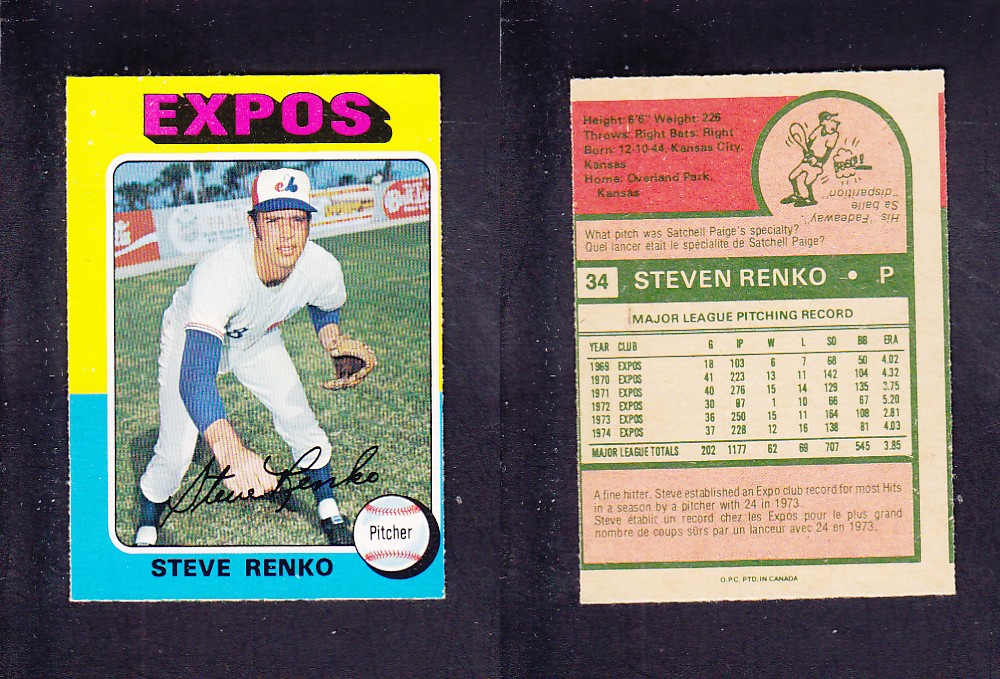 1975 O-PEE-CHEE BASEBALL CARD #34 S. RENKO photo
