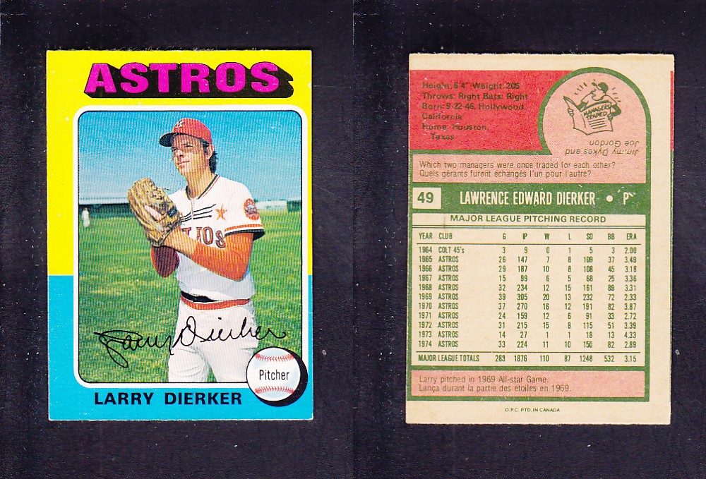 1975 O-PEE-CHEE BASEBALL CARD #49 L. DIERKER photo 1975 O-PEE-CHEE BASEBALL CARD #49 L. DIERKER photo