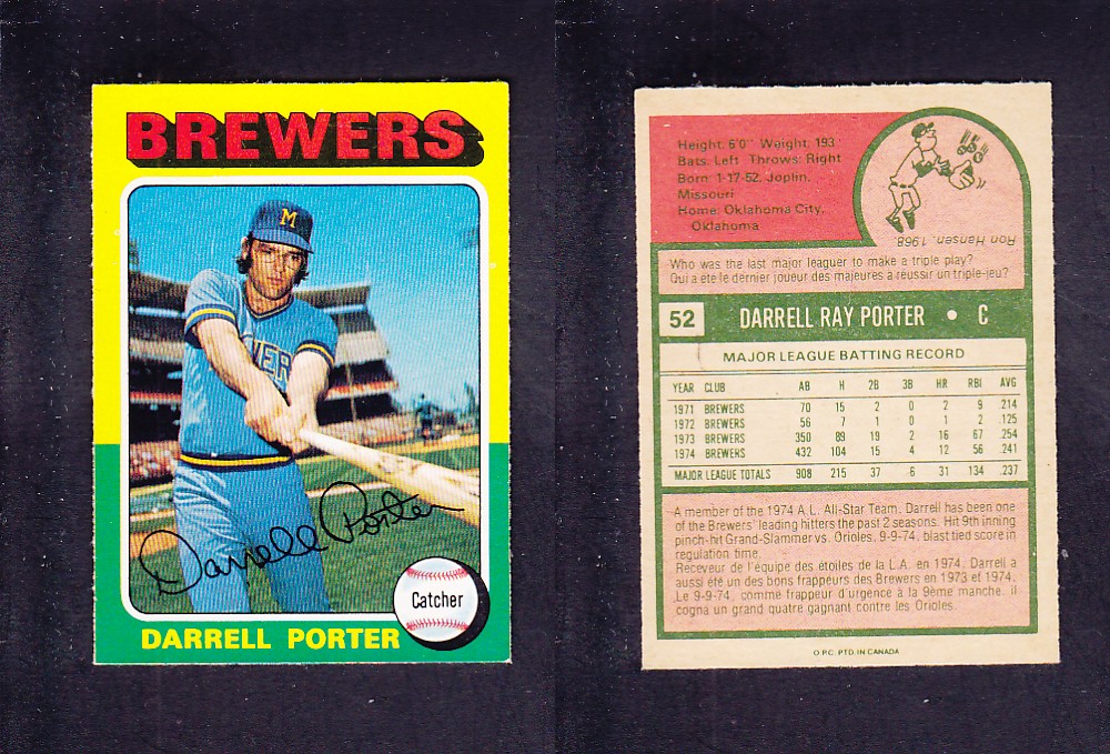 1975 O-PEE-CHEE BASEBALL CARD #52 D. PORTER photo 1975 O-PEE-CHEE BASEBALL CARD #52 D. PORTER photo