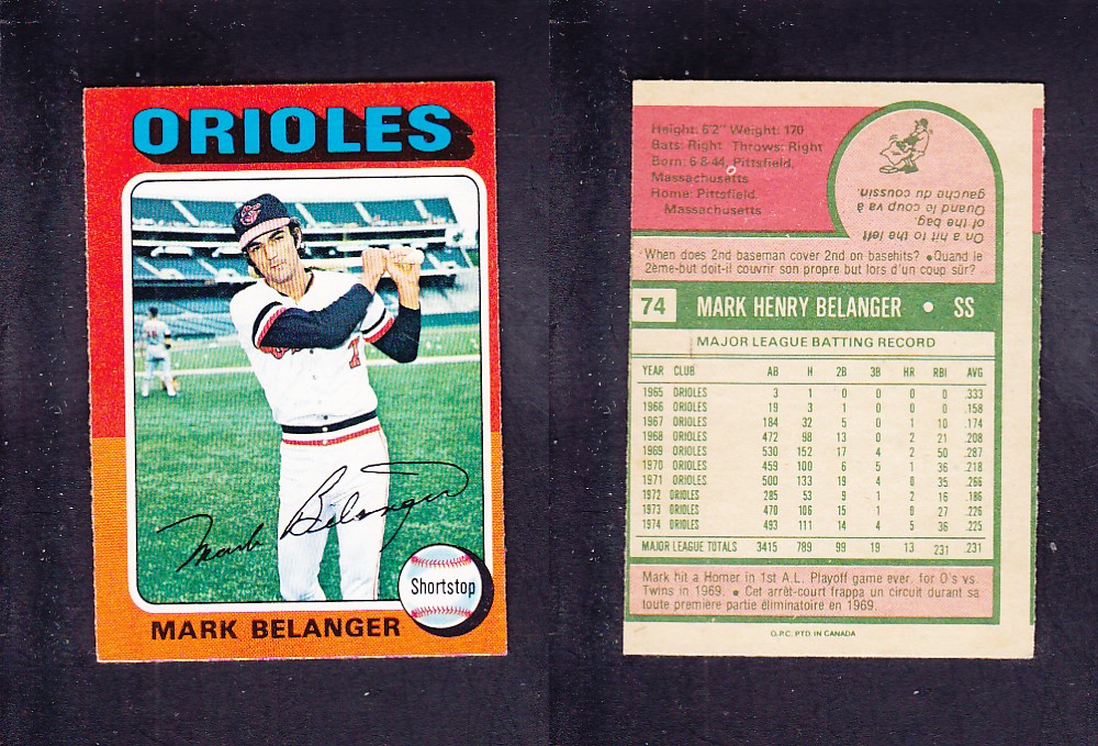 1975 O-PEE-CHEE BASEBALL CARD #74 M. BELANGER photo 1975 O-PEE-CHEE BASEBALL CARD #74 M. BELANGER photo