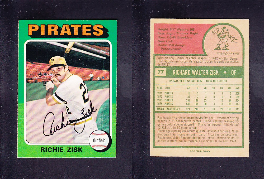 1975 O-PEE-CHEE BASEBALL CARD #77 R. ZISK photo 1975 O-PEE-CHEE BASEBALL CARD #77 R. ZISK photo