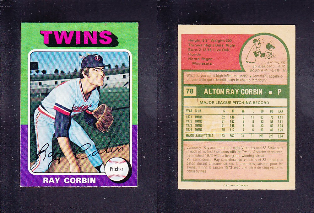 1975 O-PEE-CHEE BASEBALL CARD #78 R. CORBIN photo 1975 O-PEE-CHEE BASEBALL CARD #78 R. CORBIN photo