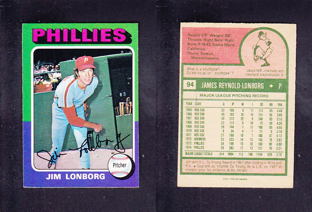 1975 O-PEE-CHEE BASEBALL CARD #94 J. LONBORG photo 1975 O-PEE-CHEE BASEBALL CARD #94 J. LONBORG photo