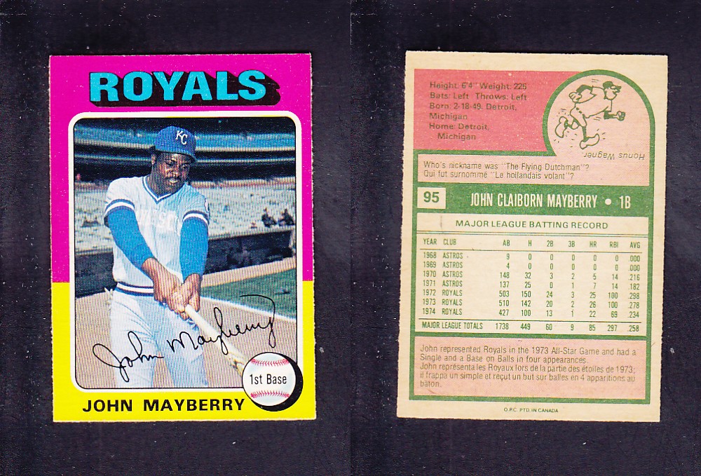 1975 O-PEE-CHEE BASEBALL CARD #95 J. MAYBERRY photo 1975 O-PEE-CHEE BASEBALL CARD #95 J. MAYBERRY photo