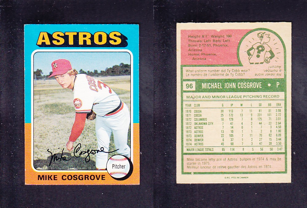 1975 O-PEE-CHEE BASEBALL CARD #96 M. COSGROVE photo 1975 O-PEE-CHEE BASEBALL CARD #96 M. COSGROVE photo