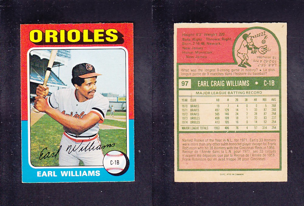 1975 O-PEE-CHEE BASEBALL CARD #97 E. WILLIAMS photo 1975 O-PEE-CHEE BASEBALL CARD #97 E. WILLIAMS photo
