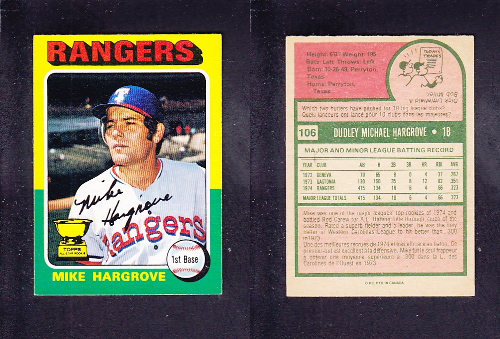 1975 O-PEE-CHEE BASEBALL CARD #106 M. HARGROVE photo