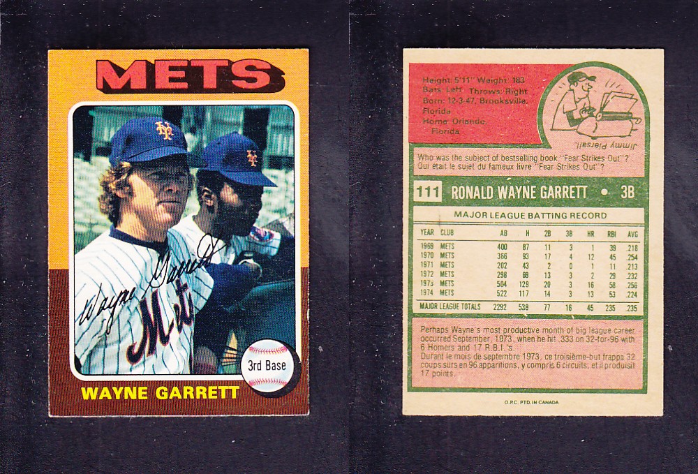 1975 O-PEE-CHEE BASEBALL CARD #111 W. GARRETT photo 1975 O-PEE-CHEE BASEBALL CARD #111 W. GARRETT photo