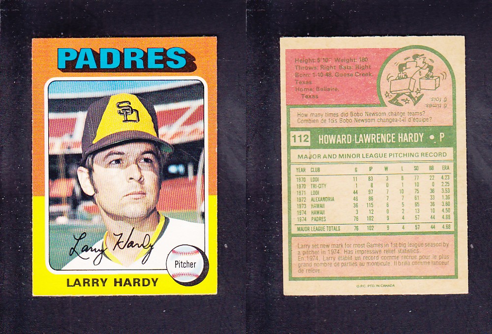 1975 O-PEE-CHEE BASEBALL CARD #112 L. HARDY photo 1975 O-PEE-CHEE BASEBALL CARD #112 L. HARDY photo