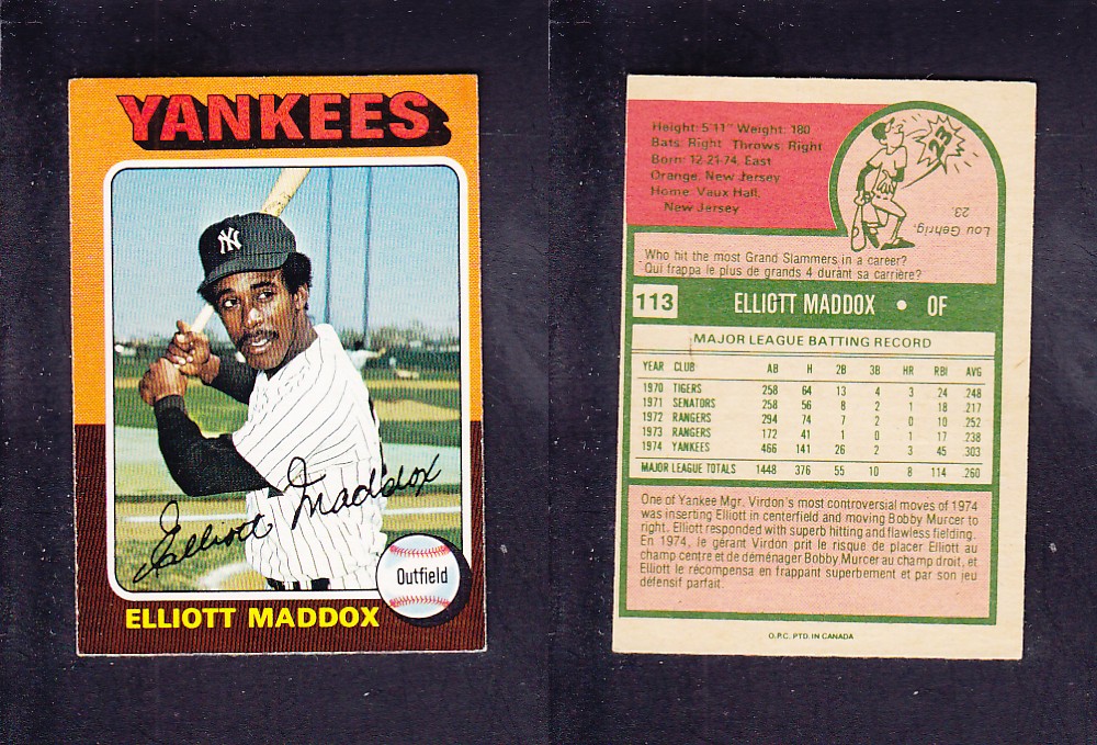 1975 O-PEE-CHEE BASEBALL CARD #113 E. MADDOX photo 1975 O-PEE-CHEE BASEBALL CARD #113 E. MADDOX photo