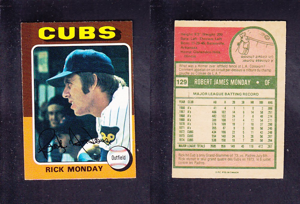 1975 O-PEE-CHEE BASEBALL CARD #129 R. MONDAY photo 1975 O-PEE-CHEE BASEBALL CARD #129 R. MONDAY photo