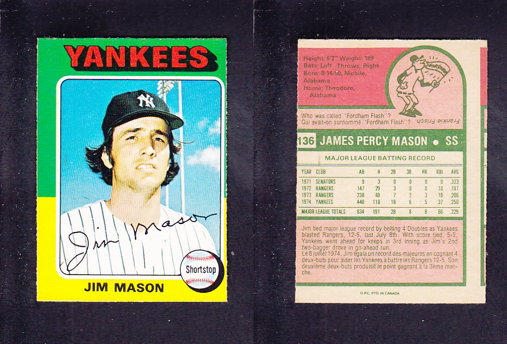 1975 O-PEE-CHEE BASEBALL CARD #136 J. MASON photo 1975 O-PEE-CHEE BASEBALL CARD #136 J. MASON photo