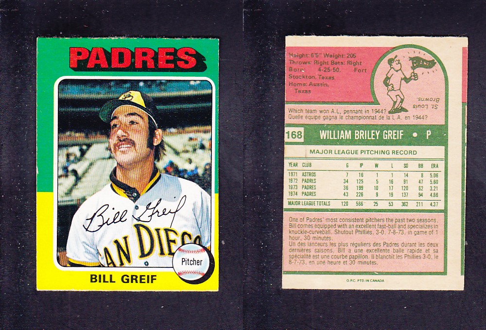 1975 O-PEE-CHEE BASEBALL CARD #168 B. GREIF photo