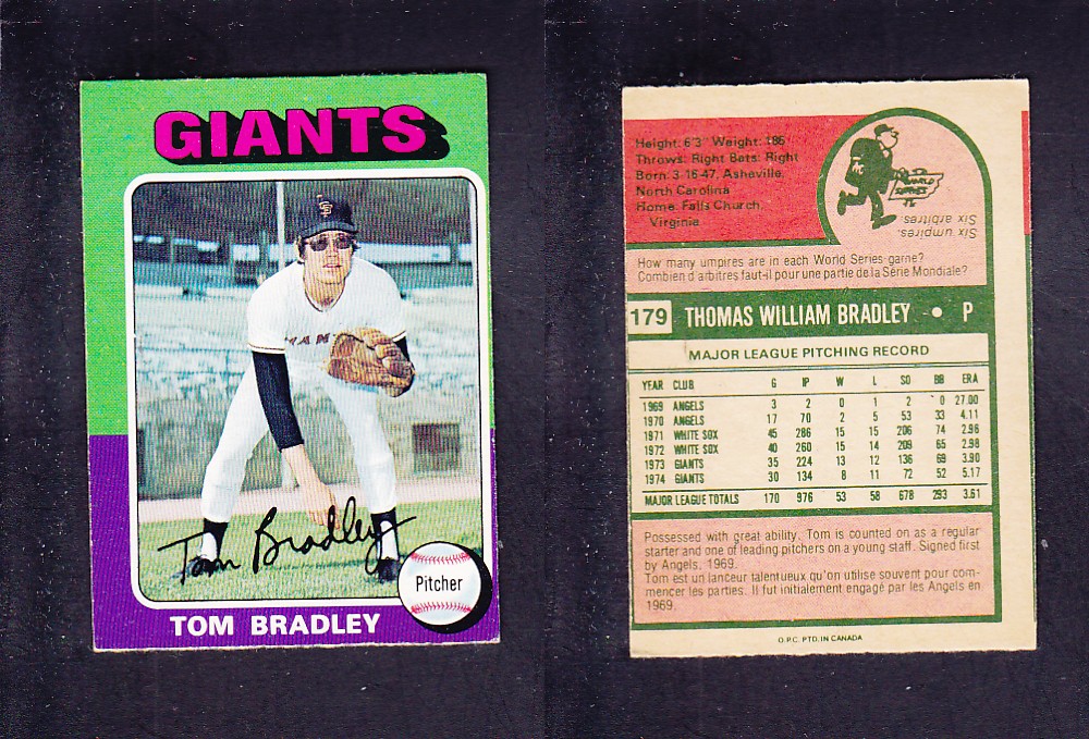 1975 O-PEE-CHEE BASEBALL CARD #179 T. BRADLEY photo