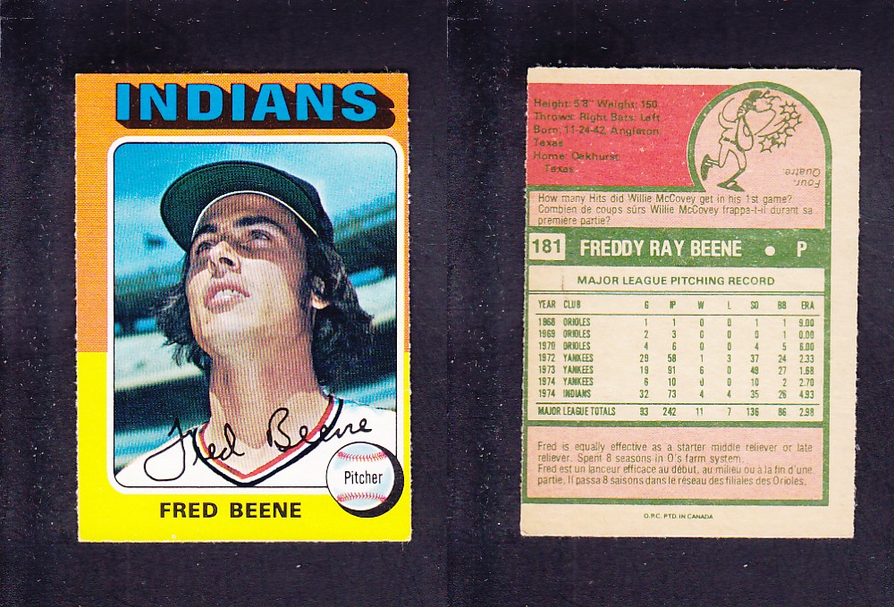 1975 O-PEE-CHEE BASEBALL CARD #181 F. BEENE photo