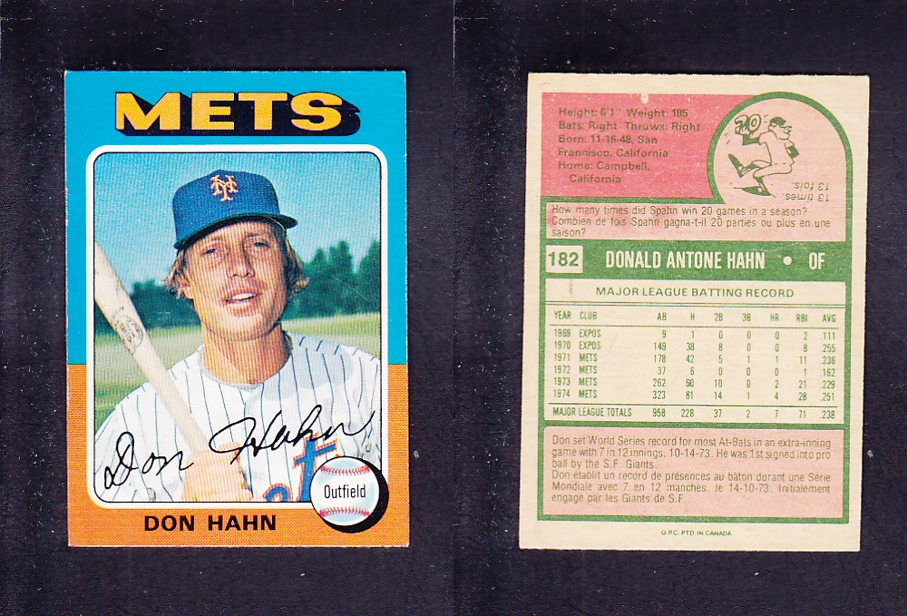 1975 O-PEE-CHEE BASEBALL CARD #182 D. HAHN photo 1975 O-PEE-CHEE BASEBALL CARD #182 D. HAHN photo