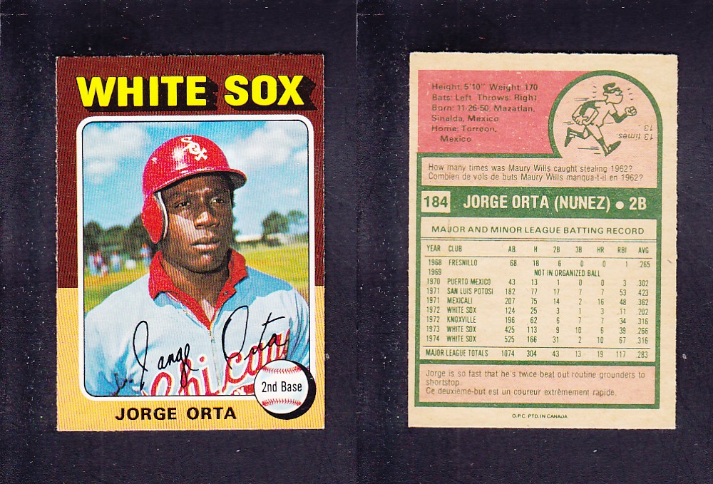 1975 O-PEE-CHEE BASEBALL CARD #184 J. ORTA photo 1975 O-PEE-CHEE BASEBALL CARD #184 J. ORTA photo