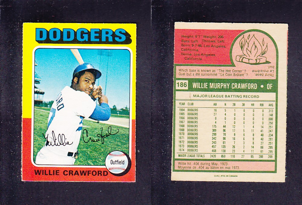 1975 O-PEE-CHEE BASEBALL CARD #186 W. CRAWFORD photo 1975 O-PEE-CHEE BASEBALL CARD #186 W. CRAWFORD photo